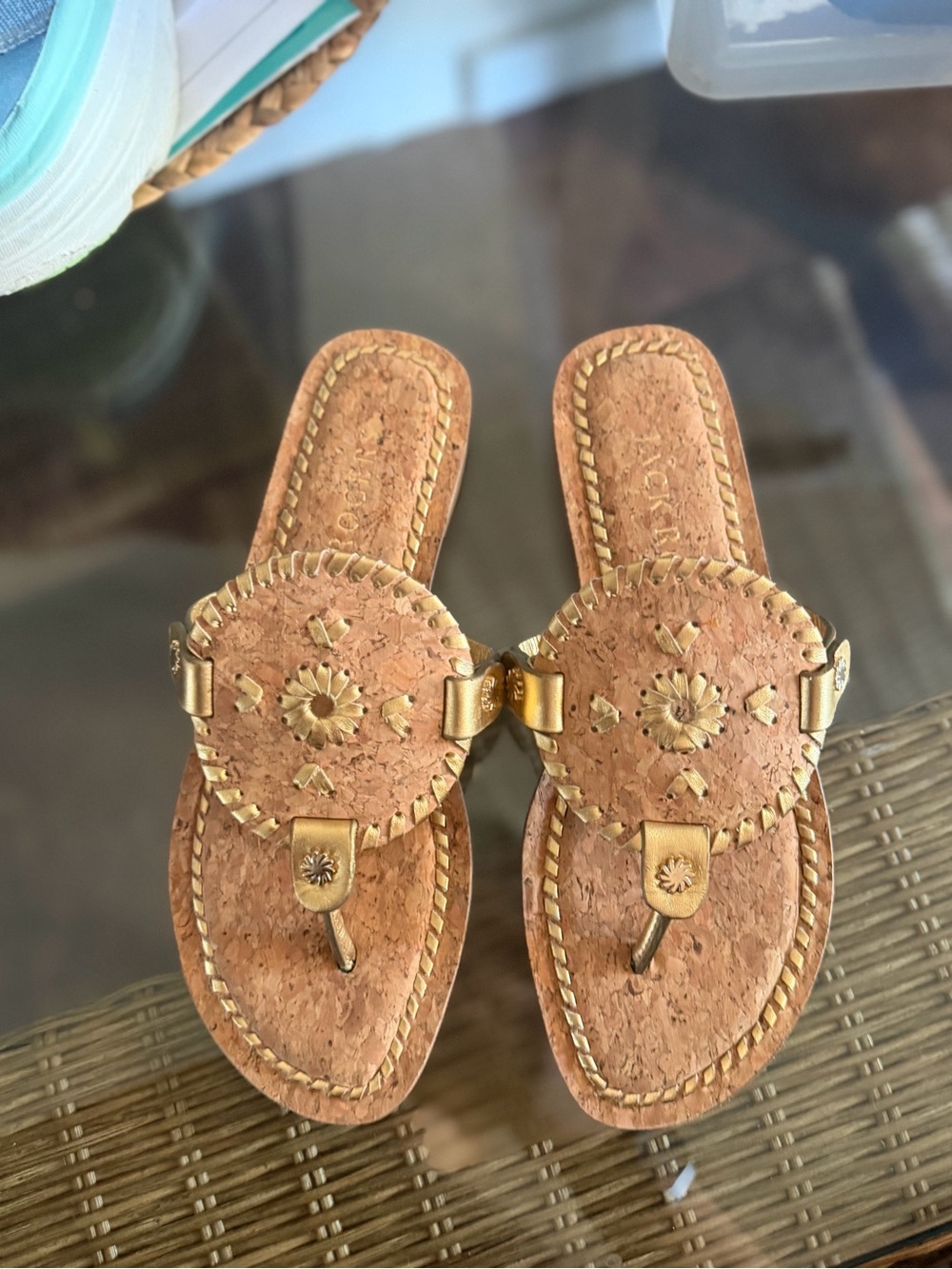 Jack Rogers Cork and Gold Leather Thong Sandals